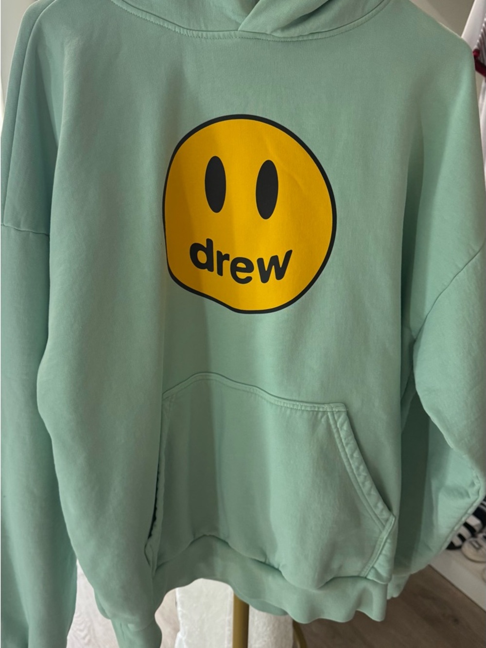 drew house Mint Green Hoodie with Yellow Logo Tag